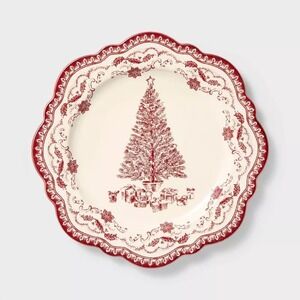 Studio McGee Stoneware Round Serving Platter Red w/ Toile Christmas Tree, Target